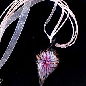 Handcrafted Glass Floral Pendant with Baby Pink Tulle Statement Necklace OS